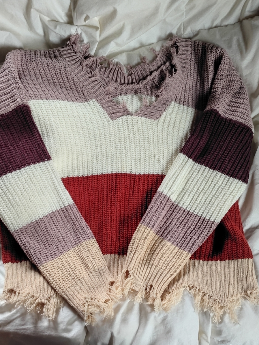 Striped Distressed V-Neck Sweater - Cream, Red & Mauve